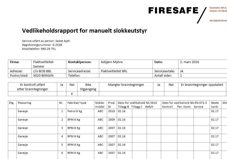 Kontroll av brannsluknings utstyr 2016